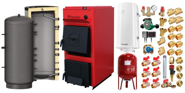 Pachet centrala pe combustibil solid Fornello T-PRO 30 kW, puffer, boiler, vas expansiune, fitinguri si accesorii de baza