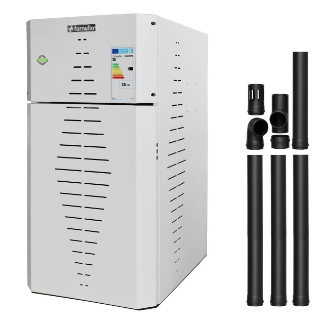 Pachet centrala pe peleti Fornello INCANTO COMPACT 25 kW, pompa electronica, vas expansiune, arzator inox, grup de siguranta, kit evacuare 3.5 ml, sistem de curatare MECANICA a creuzetului si drumurilor de fum, culoare alb