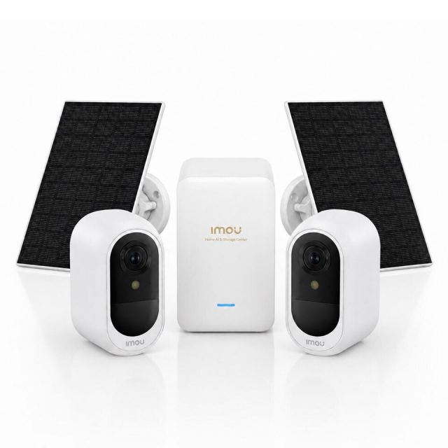 Sistem supraveghere IP WiFi 6 cu panou solar Imou Full Color AOV AIR 2, 2 camere, 5MP, slot card, microfon/difuzor, IR/lumina alba 15m, 5000mAh, detectie om/vehicul, sirena