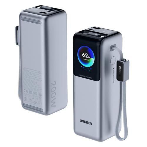 Baterie Externa cu Display Digital, 2 x Cablu USB-C Incorporat, USB, Type-C, 25000 mAh, 200W fast charge - Ugreen Power Bank 728, Gri