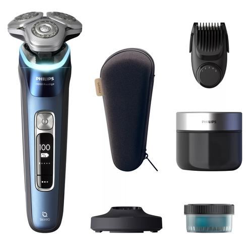 Aparat de ras electric Philips i9000 Prestige XP9201/33, Wet&Dry, SkinIQ, Autonomie 60 minute, senzor presiune & cadran LED pentru ghidaj, aplicatie conectivitate BT, statie igienizare, suport incarcare, styler barba, husa premium (Albastru)