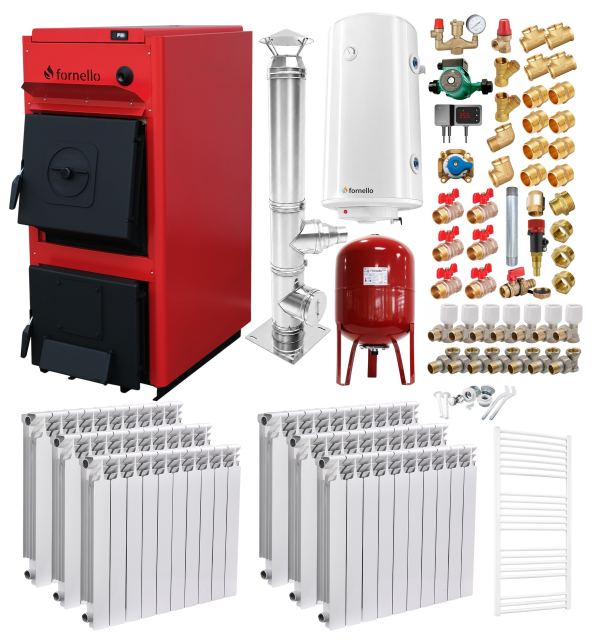 Pachet centrala pe combustibil solid Fornello T-PRO 35 kW, cos Inox, calorifere aluminiu, boiler, vas expansiune, fitinguri si accesorii de baza