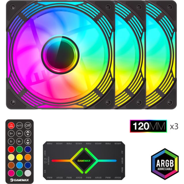 Gamemax Kit ventilatoare carcasa PC ARGB, Gamemax KF300 BK, 3 bucati, Negru