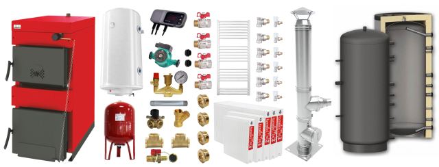Pachet Centrala pe combustibil solid ​Sunsystem Burnit NWB 30 kW, puffer, cos inox, calorifere, boiler termoelectric, vas expansiune, pompa circulare, controller pompa, fitinguri montaj