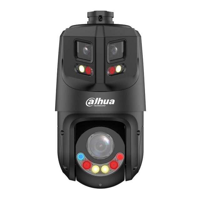 Camera supraveghere IP Speed Dome PTZ cu lentila tripla Dahua WizSense TiOC Active Deterrence SDT4E425-8P-GB-APV1-BLACK, 8MP+4MP, 5-125mm, IR/lumina alba 100m/50m, 25x, slot card, panoramica, smart tracking, PoE, neagra