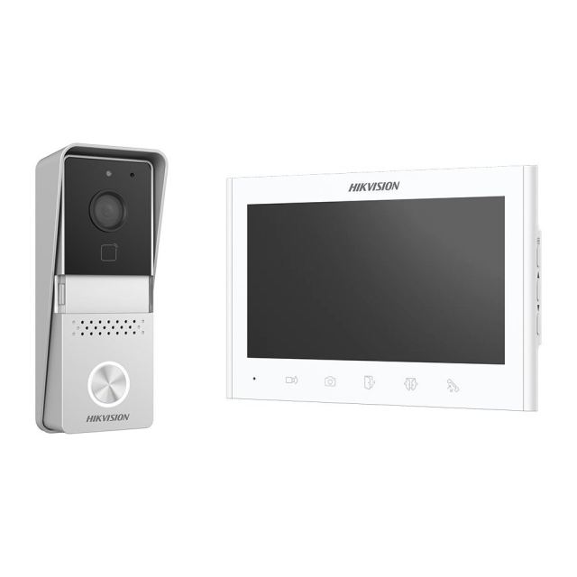 Kit videointerfon pe 2 fire Hikvision DS-KIS102-P/S, 1 familie, 7 inch, plug and play, aparent