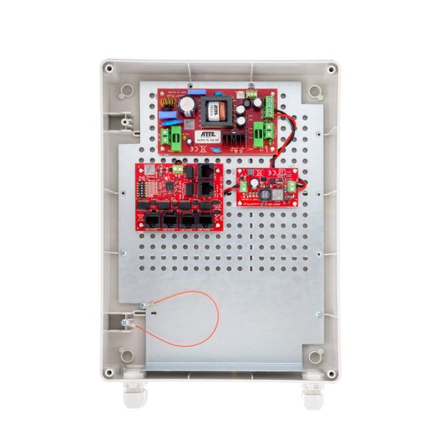 Kit buffer switch PoE pentru 5 camere IP ATTE Power IPUPS-5-11-XL2, 6 porturi, 72 W, sigurante electronice, long range