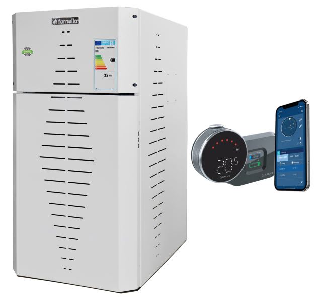Pachet centrala pe peleti Fornello INCANTO COMPACT 35 kW, pompa electronica, vas expansiune, arzator inox, grup de siguranta, termostat wifi salus IT 800, sistem de curatare MECANICA a creuzetului si drumurilor de fum, culoare alb
