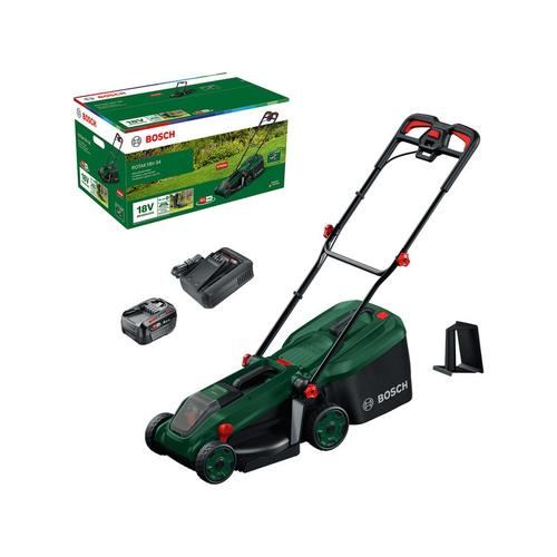 Masina de tuns gazon/iarba pe acumulator Bosch ROTAK18V-34, 18 V, latime taiere 34 cm, inaltime taiere 25-65 mm, 5 trepte de taiere, motor brushless, sac colector 35 l, include: acumulator 18V 4.0 Ah + incarcator