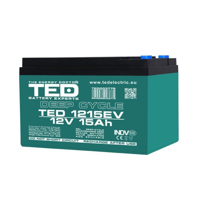 Acumulator AGM TED Deep Cycle pentru vehicule electrice TED003775, 12 V, 15 A, M5