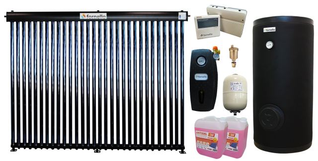 Pachet sistem solar presurizat, panou Fornello 30 Tuburi Heat Pipe, Grup pompare, Boiler de SOL cu 2 serpentine Fornello 300 LT 2S, Controller, Vas expansiune, Aerisitor 1/2, Antigel
