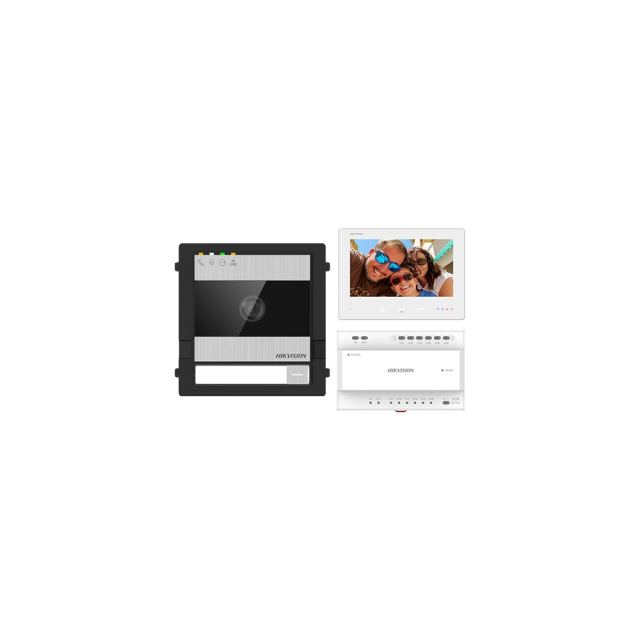 Kit videointerfon IP pe 2 fire Hikvision DS-KIS704EY-SS, 7 inch, 2 MP,1 familie, 2 fire, Plug & play, alarma