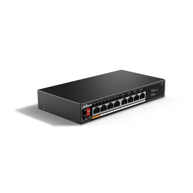 Switch PoE Dahua SF1008LP, 8 porturi, buget PoE 60 W, PoE Watchdog, fara management