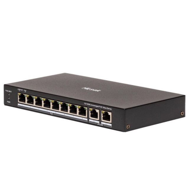 Switch cu 8 porturi PoE Hikvision HiLook NS-0310P-80(B), 2 porturi Gigabit 10/100/1000Mbps, 5.6 Gbps, buget PoE 80W, fara management