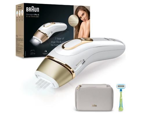 Epilator IPL Braun Silk-expert PRO 5 PL5052 Senzor automat & continuu Skin pro 2.0, 400.000 impulsuri, 10 niveluri de intensitate, 125 de impulsuri pe minut, Trusa de voiaj, Aparat de ras Venus (Alb/Auriu)