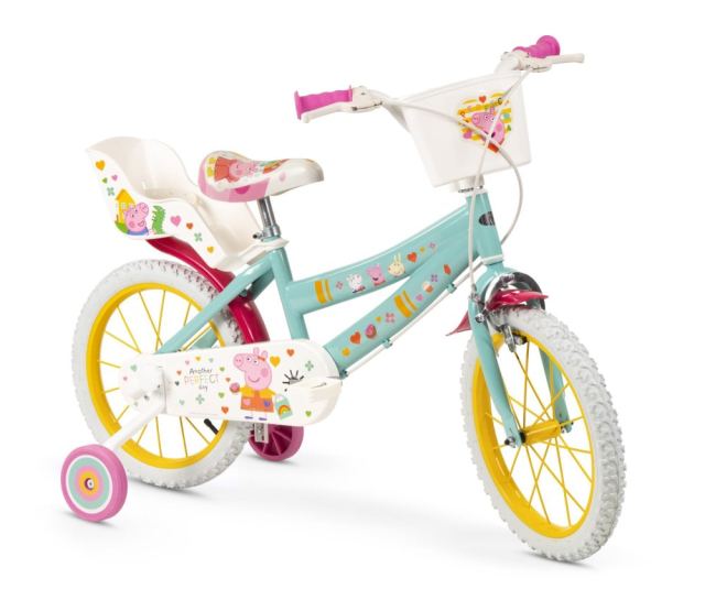 Bicicleta copii Toimsa Peppa Pig Green 16 inch, cu cosulet frontal si scaunel pentru papusi, de la 5 ani, inaltimea recomandata 110-120 cm, scaun si ghidon reglabile, roti ajutatoare detasabile