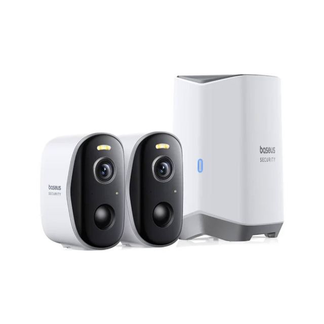 Sistem supraveghere exterior wireless WiFi Baseus N1, 2 camere, 3 MP, 3 mm, IR / lumina alba 40 m, microfon si difuzor, 16 GB, 7800 mAh, detectie miscare