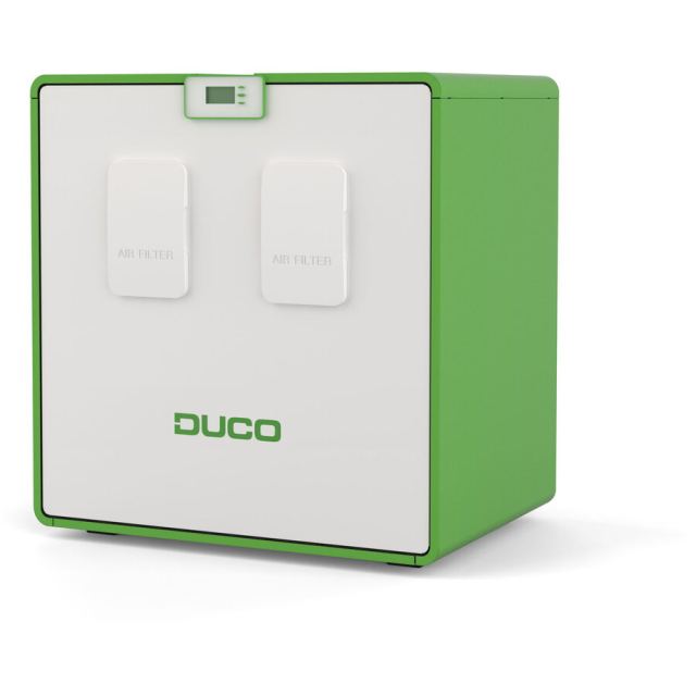 DUCO Unitate centralizata de ventilatie cu recuperare de caldura Duco DucoBox Energy Comfort Plus D350, pentru constructii rezidentiale, clasa eficienta A, montare podea sau perete, cu afisaj digital, 92.7 W, Alb-Verde