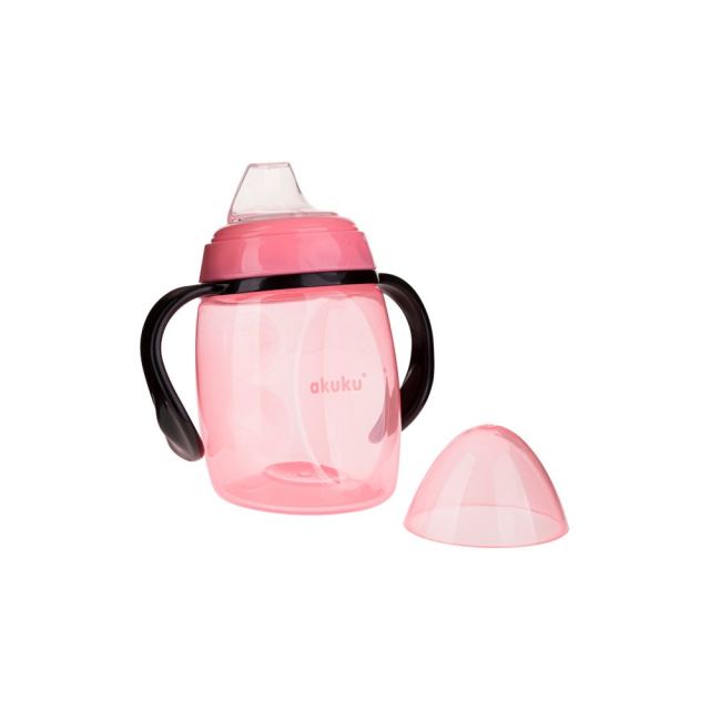 Cana cu cioc din silicon pentru copii Akuku 280ml Roz,manere largi confortabile,materiale sigure fara BPA,rezerva tetina inclusa,recomandat de la 9 luni