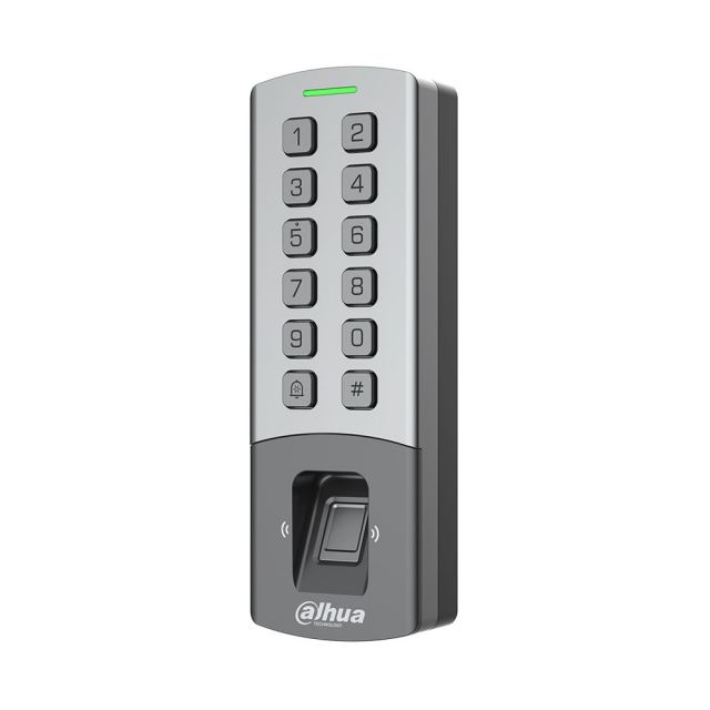 Cititor biometric standalone cu tastatura Dahua ASI1212M-P, amprenta, parola, card IC/Desfire, 13.56 MHz, RS-485/Wiegand, 1x port RJ45 10/100Mbps, 10000 utilizatori, PoE, montaj aparent