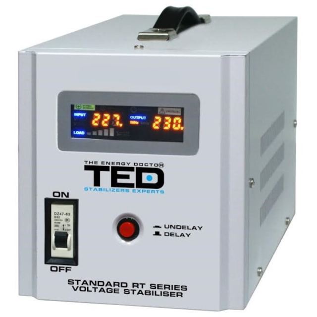 TED&nbsp;Electric Stabilizator retea automat 5000VA 3000W cu Ecran LCD si Sinusoidala Pura cu 2 Iesiri Schuko si Regleta, TED Electric