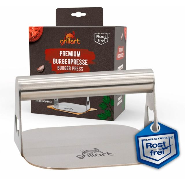 grillart Presa pentru burger premium din otel inoxidabil si 30 hartii de burger, Grillart GA-1035, Argintiu