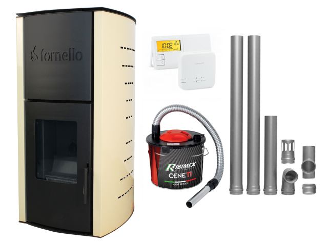 Pachet Termosemineu pe peleti Fornello Royal Ivory 18 kW, complet echipat cu pompa, vas expansiune, automatizare, culoare crem, kit evacuare 2.5 ml, Termostat Radio Comanda Salus 091FLRFV2 si Aspirator Cenusa