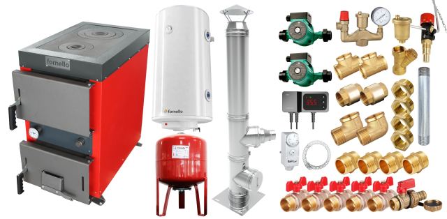 Pachet Cazan (centrala) cu plita pe combustibil solid (lemn, carbune, brichete), Fornello Rustic KP 20 kW, Cos inox, Pompe, Boiler, Vas expansiune, Fitinguri montaj