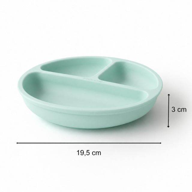 Farfurie din silicon pentru copii Bocioland Mint cu 3 compartimente si 4 ventuze de fixare, dimensiune 19.3 x 3 cm