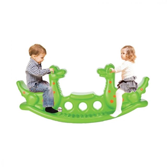 Balansoar pentru 3 copii Dino Seesaw Green, utilizare interiorexterior, greutate admisa 50 kg, dimensiune 140x39x58 cm