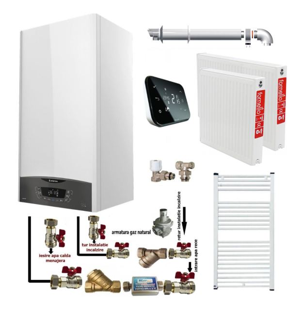 Pachet apartament cu o camera, centrala termica murala in condensare Ariston CLAS ONE+ WI-FI 24, Gaz, 24 kW, termostat Salus IT 500, kit de evacuare inclus, calorifere otel, kit armaturi