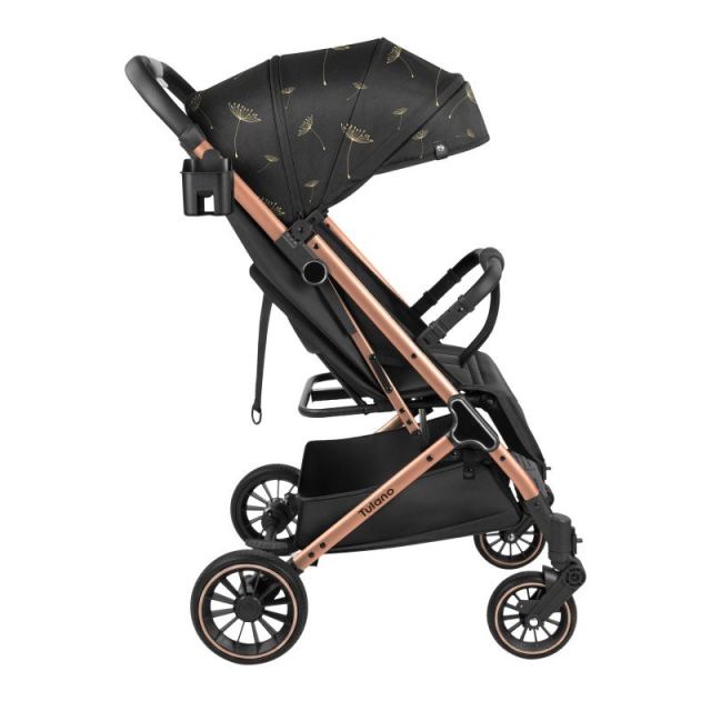 Carucior sport copii Tulano Lagos 35 Black Gold cu pliere compacta tip troller, husa picioare impermeabila si suport pahar incluse, roti pivotante cu suspensii integrate, parasolar XXL, greutate admisa 15 kg