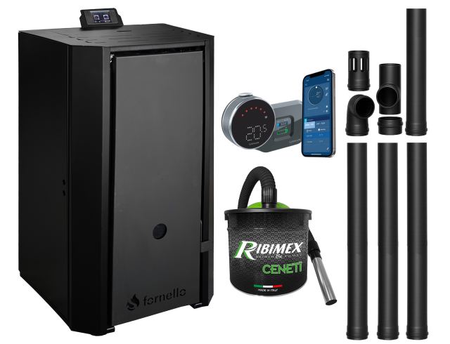 Pachet Centrala pe peleti Fornello EVA B Black 25 KW, pompa circulatie, vas expansiune, Grup siguranta, WI-FI, buncar, tiraj fortat, kit evacuare, termostat Salus IT800, aspiratior, Clasa A++, recomandat pentru 160 mp, Negru