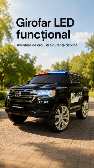 Masinuta electrica pentru copii Toyota Land Cruiser Police 24V Negru, licenta oficiala Toyota, girofar Led, telecomanda 2.4G, 3-5 ani