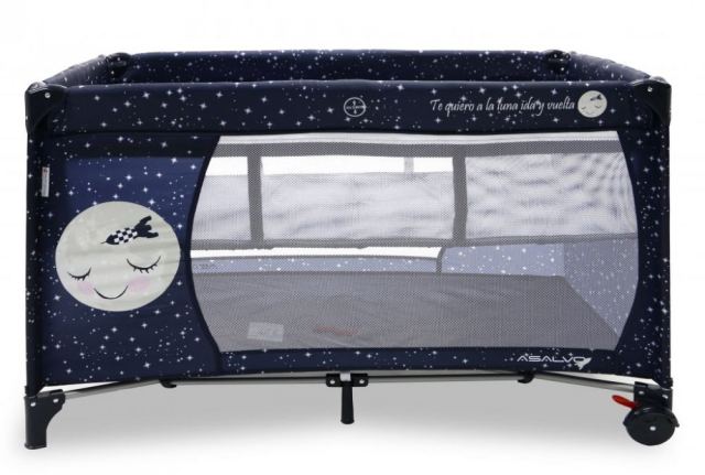 Patut pentru copii Asalvo Smooth Moon cu 2 nivele, pliere compacta, roti cu frana, baza captusita impermeabila, 77x65x125 cm