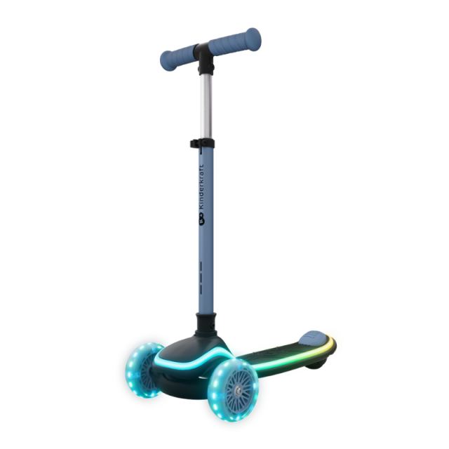 Trotineta pentru copii Kinderkraft Raket Up Blue pliabila, reglabila, cu lumini Led si scaunel