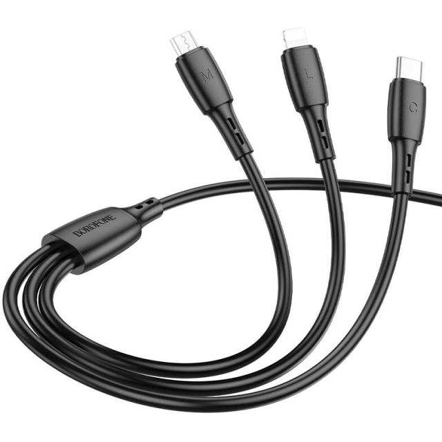 Borofone CABLU alimentare Borofone BX71, pt smartphone,USB la Micro-USB+Lightning + USB Type-C 2A, 1m, Negru