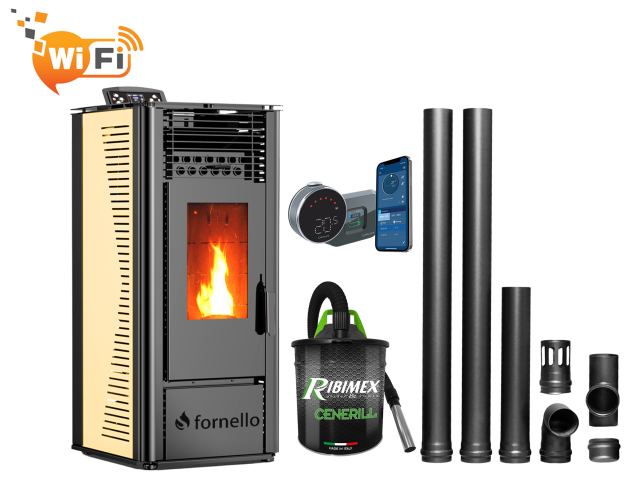 Pachet complet pentru incalzire cu control de la distanta format din Semineu (soba) pe peleti cu tiraj fortat Fornello SOPHIA WI-FI 11 kw, termostat Salus IT 800, aspirator, kit de evacuare 2,5 metri, telecomanda, Wi-fi, culoare Ivory