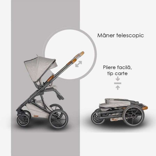 Carucior modular 2in1 Coccolle Nessia certificat EN1881-2-2018 pana la 22 kg, Roti mari de cauciuc cu suspensie, Piesa reversibila, Landou cu saltea anti-reflux, Copertina XXL cu protectie UV 50+, Maner telescopic, Pliere com