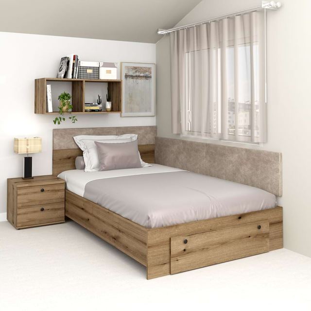 Pat colt AMBRO cu saltea si noptiera inclusa, 120x200, sertar frontal, Stejar