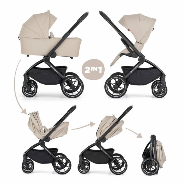 Carucior 2 in 1 pentru copii PetiteMars Scout Bej cu landou pliabil, reversibil, spatar si suport de picioare reglabile, maner ajustabil, accesorii, pana la 22 kg, 0 luni+