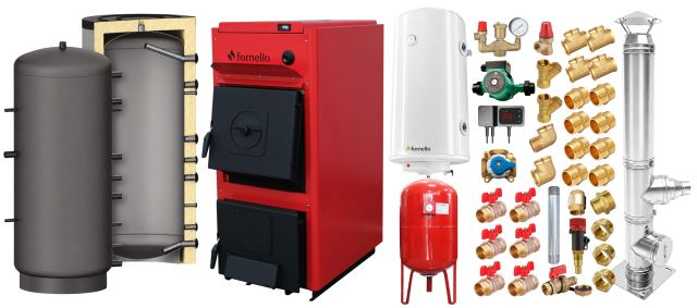 Pachet centrala pe combustibil solid Fornello T-PRO 35 kW, cos inox, puffer, boiler, vas expansiune, fitinguri si accesorii de baza