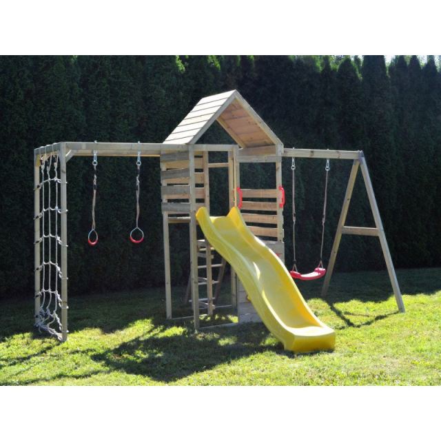 Turn de joaca cu 2 platforme, panou de catarare, tobogan, leagan si modul de gimnastica, Wendi Toys
