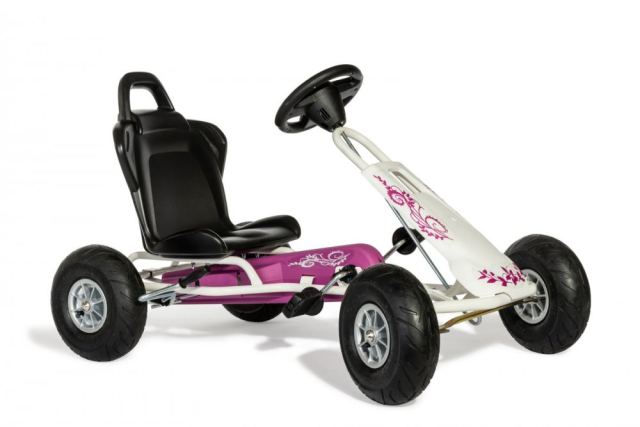 Kart Air Runner Flower, alb, scaun ajustabil, functie free-wheel, roti pneumatice, frana de mana, volan cu sunete, 102 X 60 X h64 cm