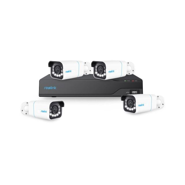 Sistem supraveghere exterior IP basic Reolink KIT-RLK-4EXTIP-8MP-30M-P-M-V2, 4 camere, 8 MP, LED/IR 30 m, 2.7 - 13.5 mm, slot card, microfon, sirena, detectie oameni/vehicule, PoE, HDD 2 TB