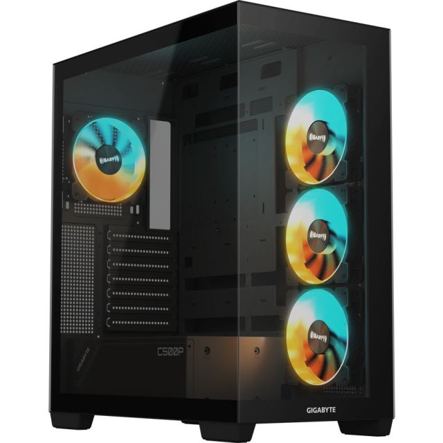 Gigabyte Carcasa PC Gigabyte C500 Panoramic Stealth, Middle Tower, Fara sursa, Sticla temperata, ARGB, 10 ventilatoare compatibile, 4 incluse, Negru
