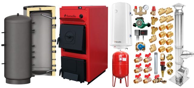 Pachet centrala pe combustibil solid Fornello T-PRO 40 kW, cos inox, puffer, boiler, vas expansiune, fitinguri si accesorii de baza