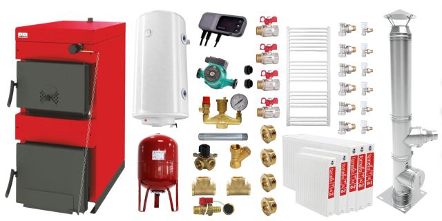 Pachet Centrala pe combustibil solid ​Sunsystem Burnit NWB 30 kW, cos inox, calorifere, boiler termoelectric, vas expansiune, pompa circulare, controller pompa, fitinguri montaj