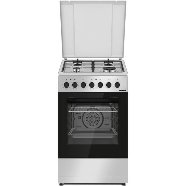 HEINNER Aragaz mixt Heinner HFSC-S60LITGC-SL, 4 arzatoare, aprindere electrica plita, cuptor electric, clasa A, timer, grill, ventilatie, sertar inferior vase, 50x60 cm, argintiu