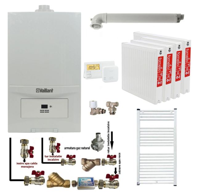 Pachet apartament cu 3 camere, Centrala termica in condensatie Vaillant ecoTEC Pure VUW 236/7-2, 23 kw, murala, afisaj digital, schimbator caldura inox, kit de evacuare, calorifere otel, termostat si fitinguri montaj